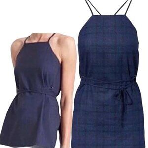 Banana Republic Plaid Sleeveless Tie Waist Apron Tunic Top Navy Blue Size XS-$88